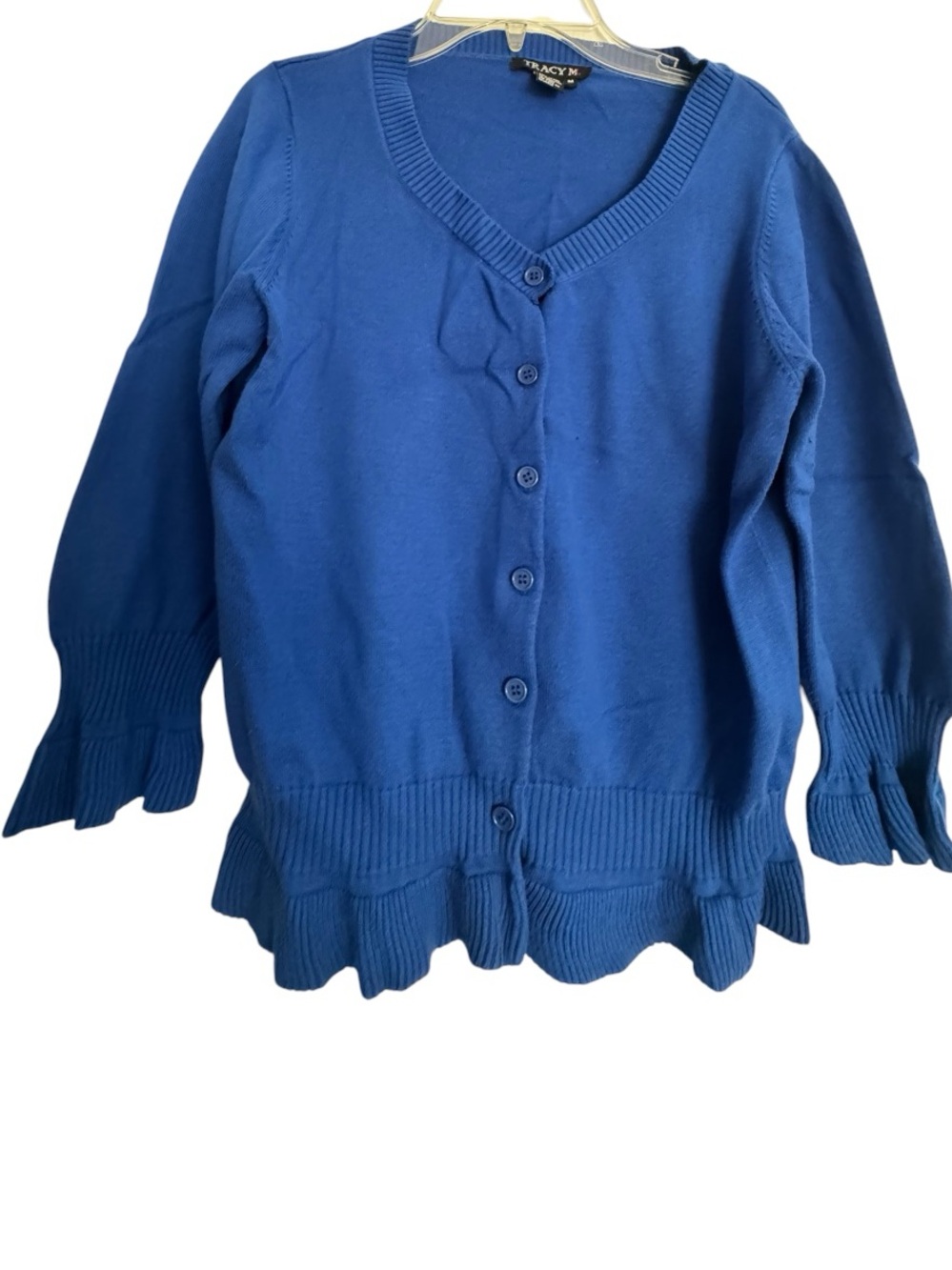 Tracy M Blue Ruffle Trim Sweater